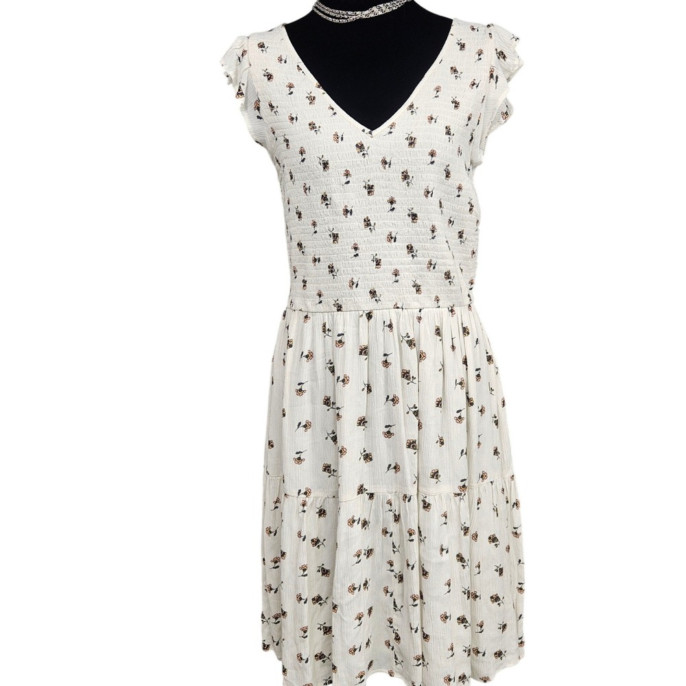 LOFT Womens Floral Smocked Tiered Midi Dress Cream V-Neck Flutter Sleeve Size M